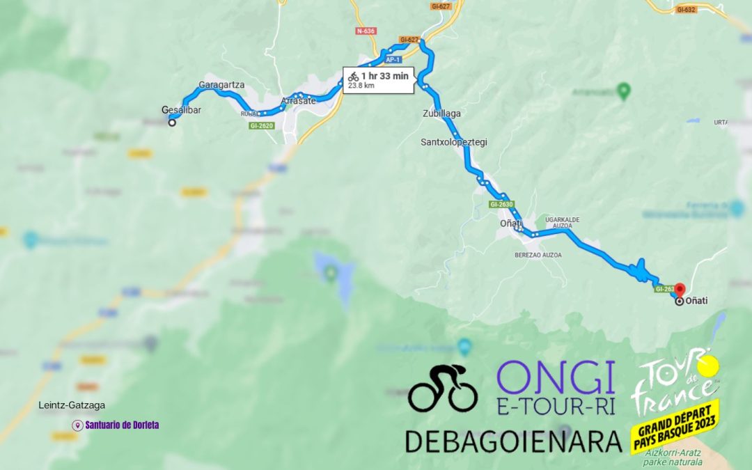 Mapa del recorrido de 24 km que el tour realizará por la comarca de Debagoiena en la segunda etapa del tour el proximo 2 de julio entre Mondragón y Oñati. Se ve el logotipo del tour y Ongi e-tour-ri Debagoienara